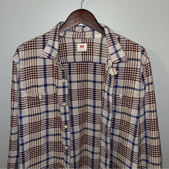 Levi’s Flannel Men’s Size XXL Beige Brown Navy Plaid Cotton‎ Shirt Button-Up - Picture 4 of 9
